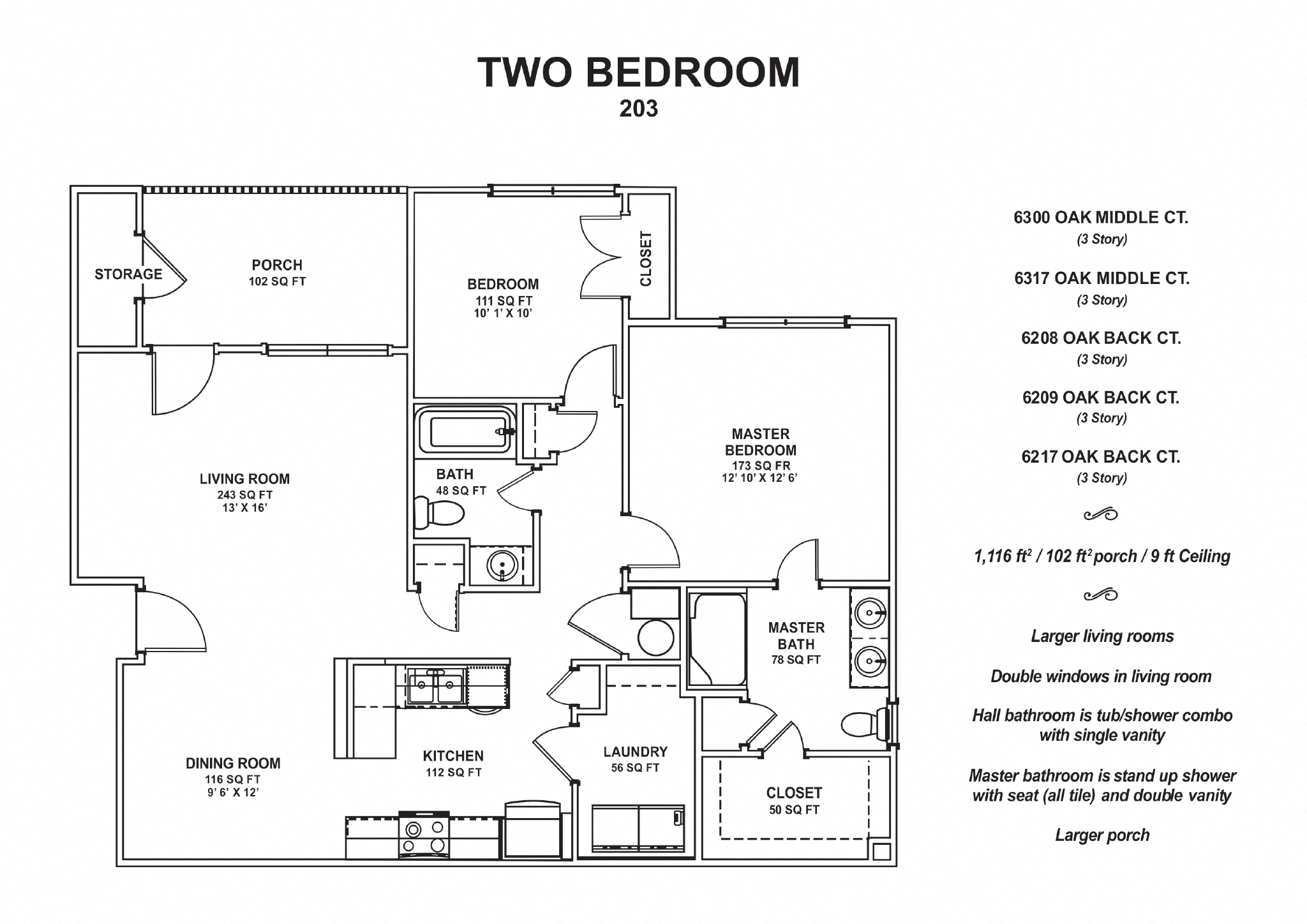 Floor plan for 2 beds, 2 baths, 1116 sqft